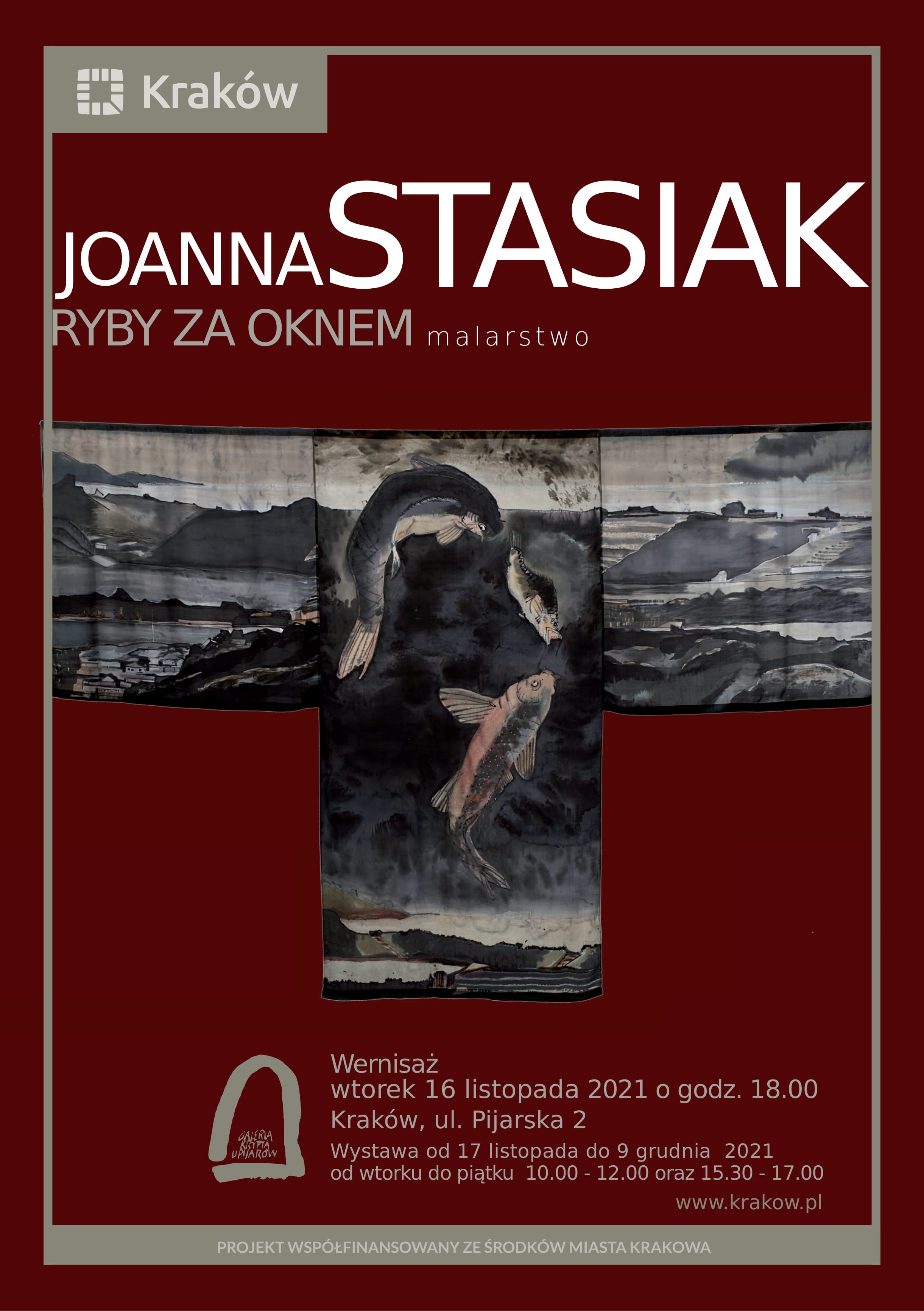 Plakat wystawy Joanny Stasiak pt. Ryby za oknem