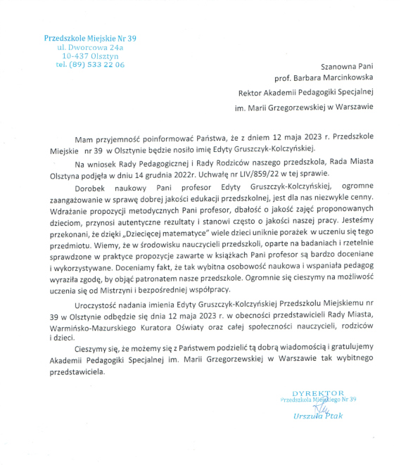 pismo władz Przedszkola informujące od nadaniu placówce imienia prof. E.Gruszczyk-Kolczyńskiej