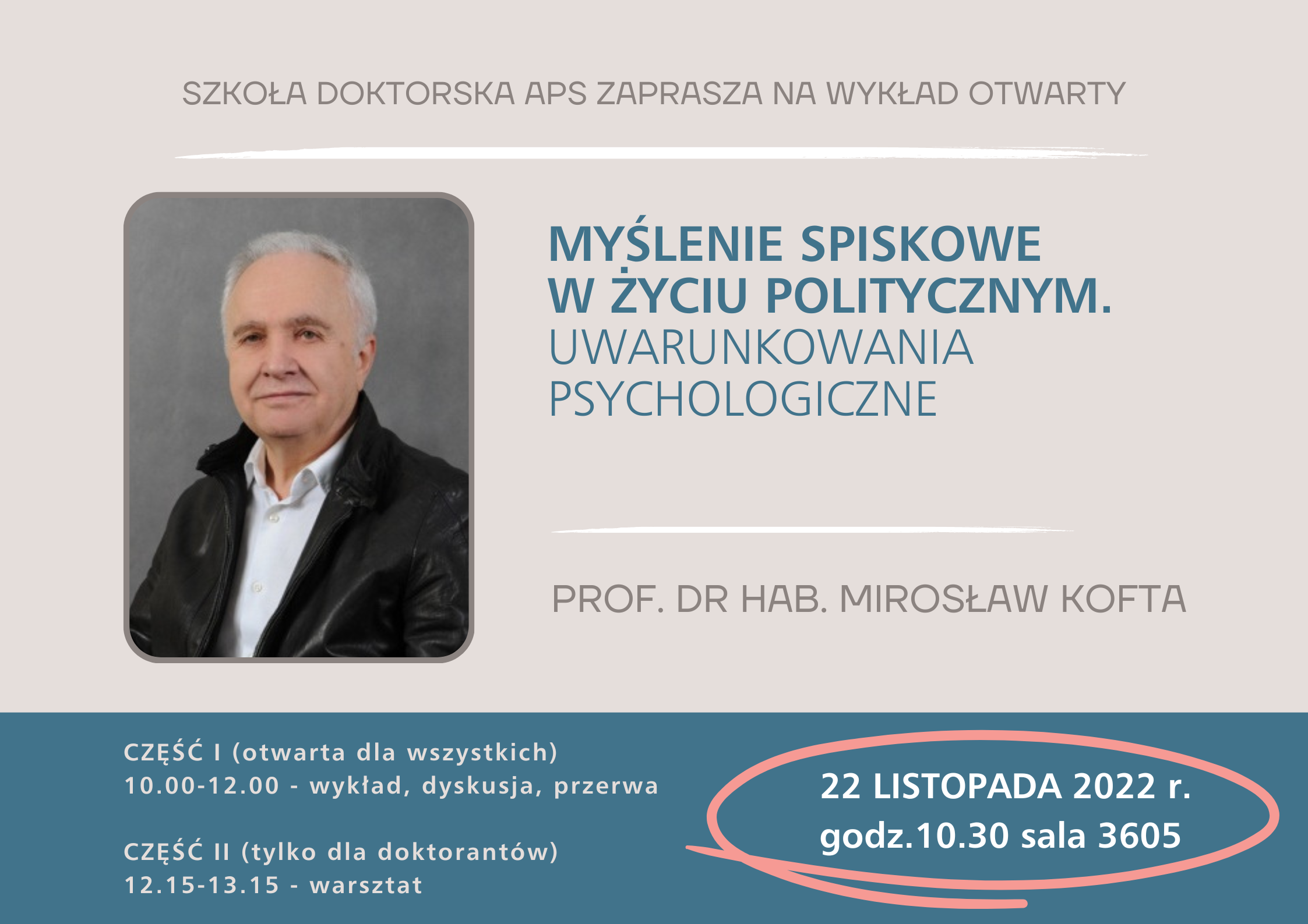 Plakat zapraszający na wykład otwarty prof. dra hab. Mirosława Kofty