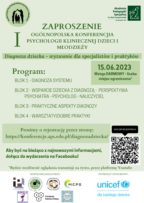 Zaproszenie - I ogólnopolska Konferencja Psychologii Klinicznej Dzieci i Młodzieży