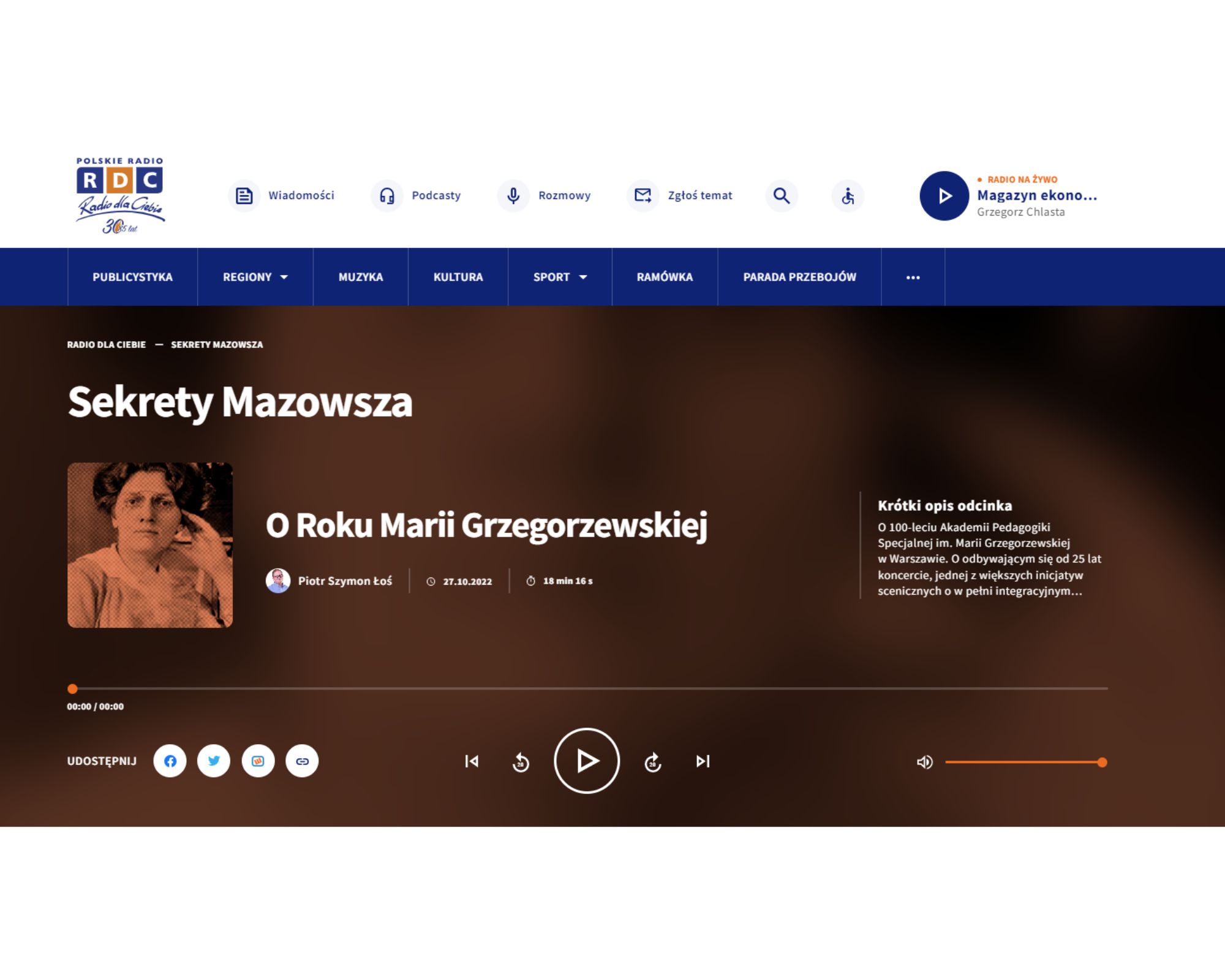 Strona audycji Sekrety Mazowsza - rozmowa z dr Sędzickim